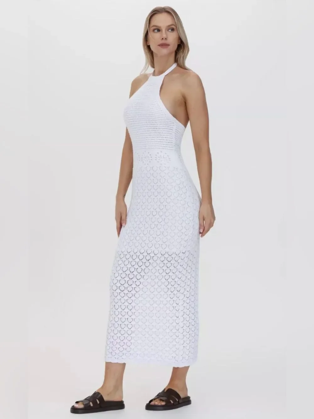 Frye Textured Knit Bright White Crochet Halter Midi Dress Sweater Dress M NWT
